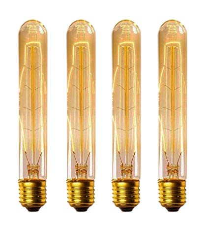 CTKcom T9/T185 40W Vintage Edison Light Bulbs E26 E27 Base(4 Pack)- Tubular Bulb Nostalgic Tungsten Filament Antique Incandescent Bulb Golden Tinted Glass for Industrial Wall Sconces Pendant Lighting