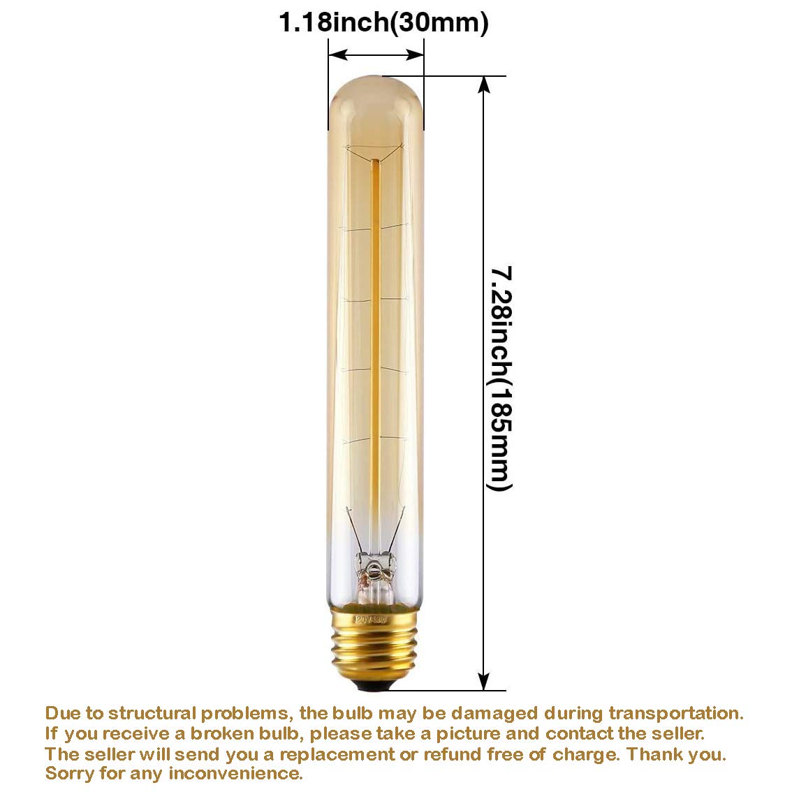 CTKcom T9/T185 40W Vintage Edison Light Bulbs E26 E27 Base(4 Pack)- Tubular Bulb Nostalgic Tungsten Filament Antique Incandescent Bulb Golden Tinted Glass for Industrial Wall Sconces Pendant Lighting