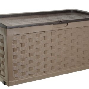 Starplast 56811 Plastic Weave Sit-On Storage Box - 88 Gallon - Mocha/Brown - Ideal for Deck, Patio, and Backyard