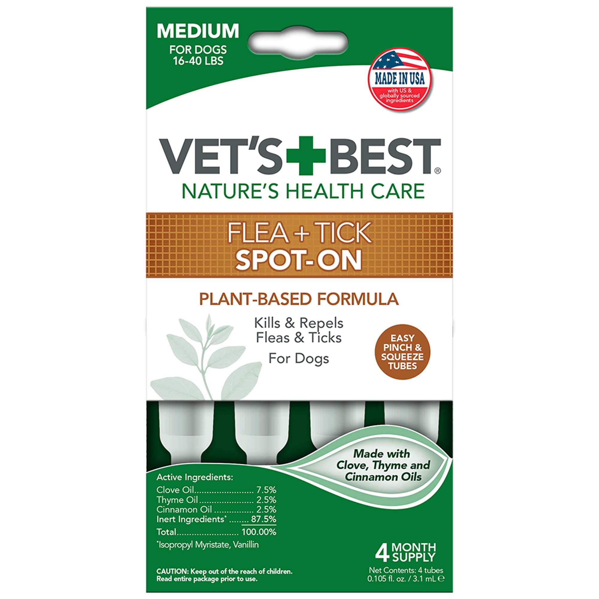 Vet's Best Topical Flea & Tick Treatment for Dogs 16-40lbs, 4 Month Supply