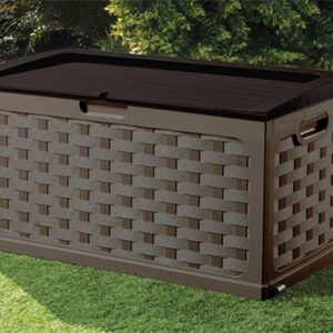 Starplast 56811 Plastic Weave Sit-On Storage Box - 88 Gallon - Mocha/Brown - Ideal for Deck, Patio, and Backyard