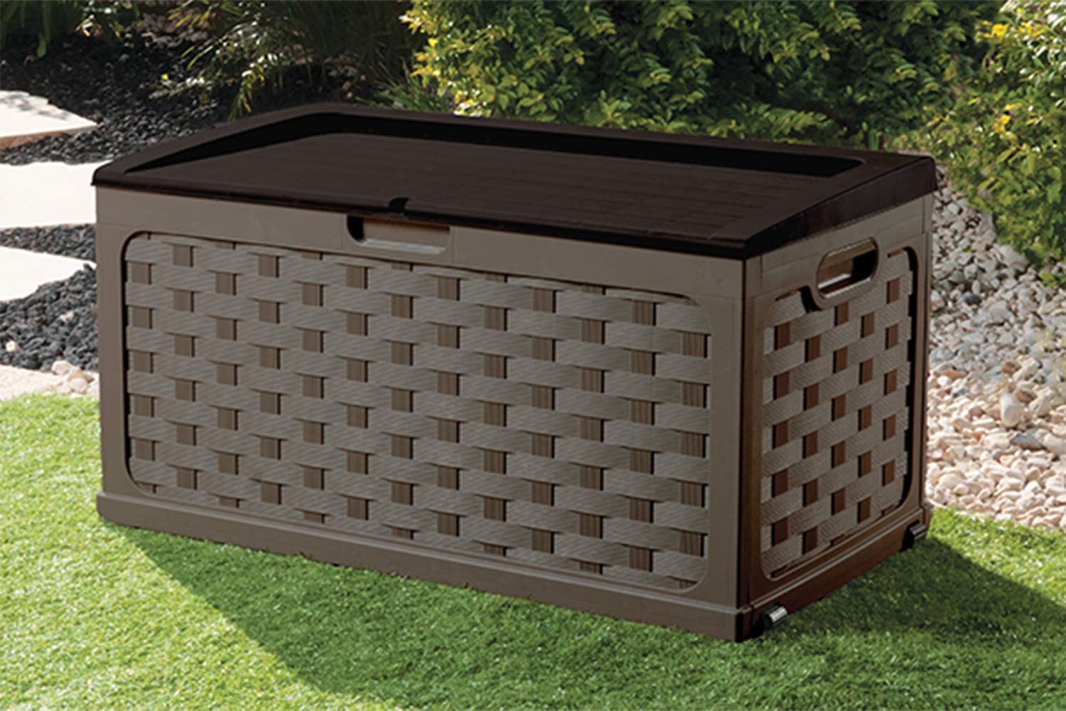 Starplast 56811 Plastic Weave Sit-On Storage Box - 88 Gallon - Mocha/Brown - Ideal for Deck, Patio, and Backyard