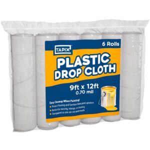 painters plastic drop cloth 6 pack, 9x12 feet, plastic tarp dust cover, plastic covers for furniture, plastic drop cloth for painting, painting tarp