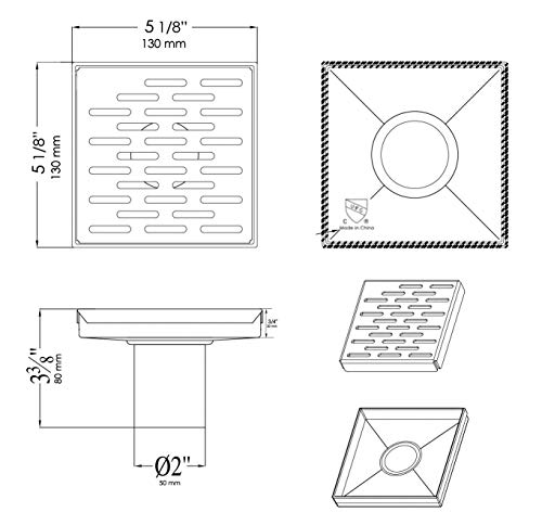 ALFI brand ABSD55C 5" x 5" Modern Square Stainless Steel Shower Drain with Groove Holes, Silver