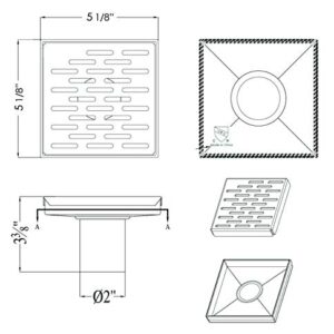 ALFI brand ABSD55C 5" x 5" Modern Square Stainless Steel Shower Drain with Groove Holes, Silver