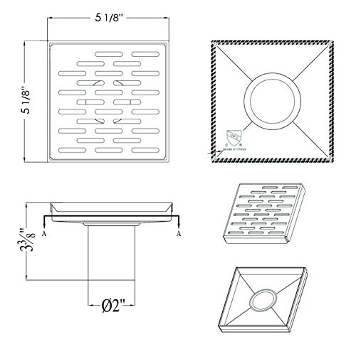 ALFI brand ABSD55C 5" x 5" Modern Square Stainless Steel Shower Drain with Groove Holes, Silver