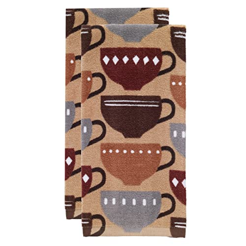 T-fal Fiber Reactive Print Kitchen Towels: Highly Absorbent, Super Soft - 100% Cotton, 16"x28" Dish Towels for Cleaning & Drying Dishes, Pans, Glassware, or Countertops, 2-Pack, Coffee