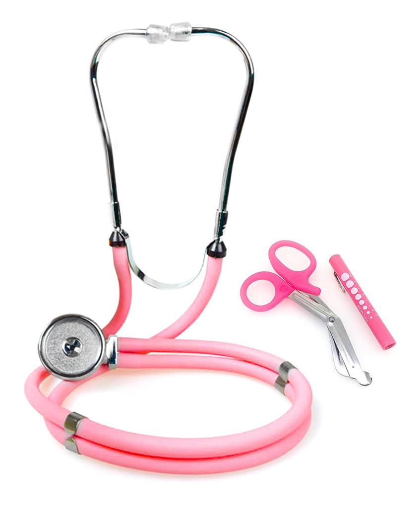 Pink Stethoscope Kit with 7.5" Nurse Scissors and Pupil Gauge Penlight - Ideal Gift for EMT, Nurse, Medical Student, Paramedic and First Responders