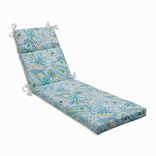 Pillow Perfect Paisley Indoor/Outdoor Split Back Chaise Lounge Cushion with Ties, Plush Fiber Fill, Weather, and Fade Resistant, 72.5" x 21", Blue/Yellow Gilford,