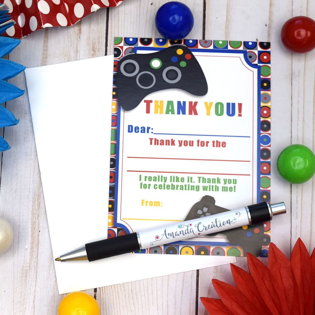 Game On Video Gamer Themed Thank You Notes for Kids, Ten 4" x 5.5" Fill in the Blank Cards with 10 White Envelopes by AmandaCreation