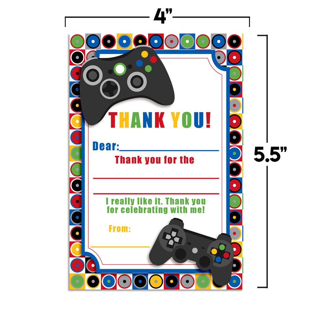 Game On Video Gamer Themed Thank You Notes for Kids, Ten 4" x 5.5" Fill in the Blank Cards with 10 White Envelopes by AmandaCreation