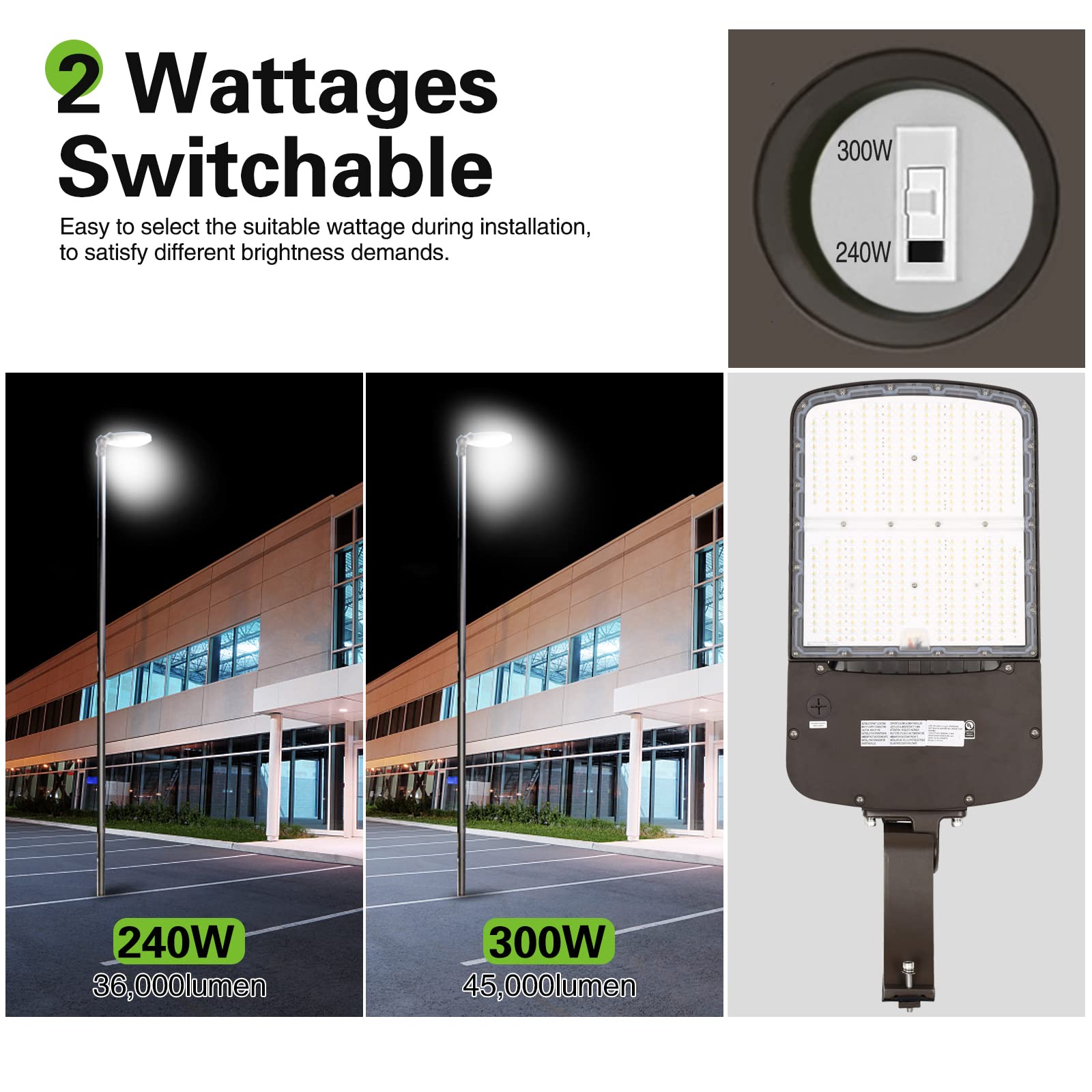 hykolity 240W/300W Switchable LED Parking Lot Light, 150LM/W 5000K LED Street Lighting with Photocell Sensor[750W-1000W HPS Equiv.] 5000K 100-277V, Commercial Adjustable Arm Mount LED Shoebox Light