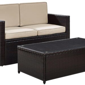 Crosley Furniture Palm Harbor 2-Piece Wicker Outdoor Coffee Table and Loveseat Patio Furniture Set for Porch, Brown with Sand Cushions