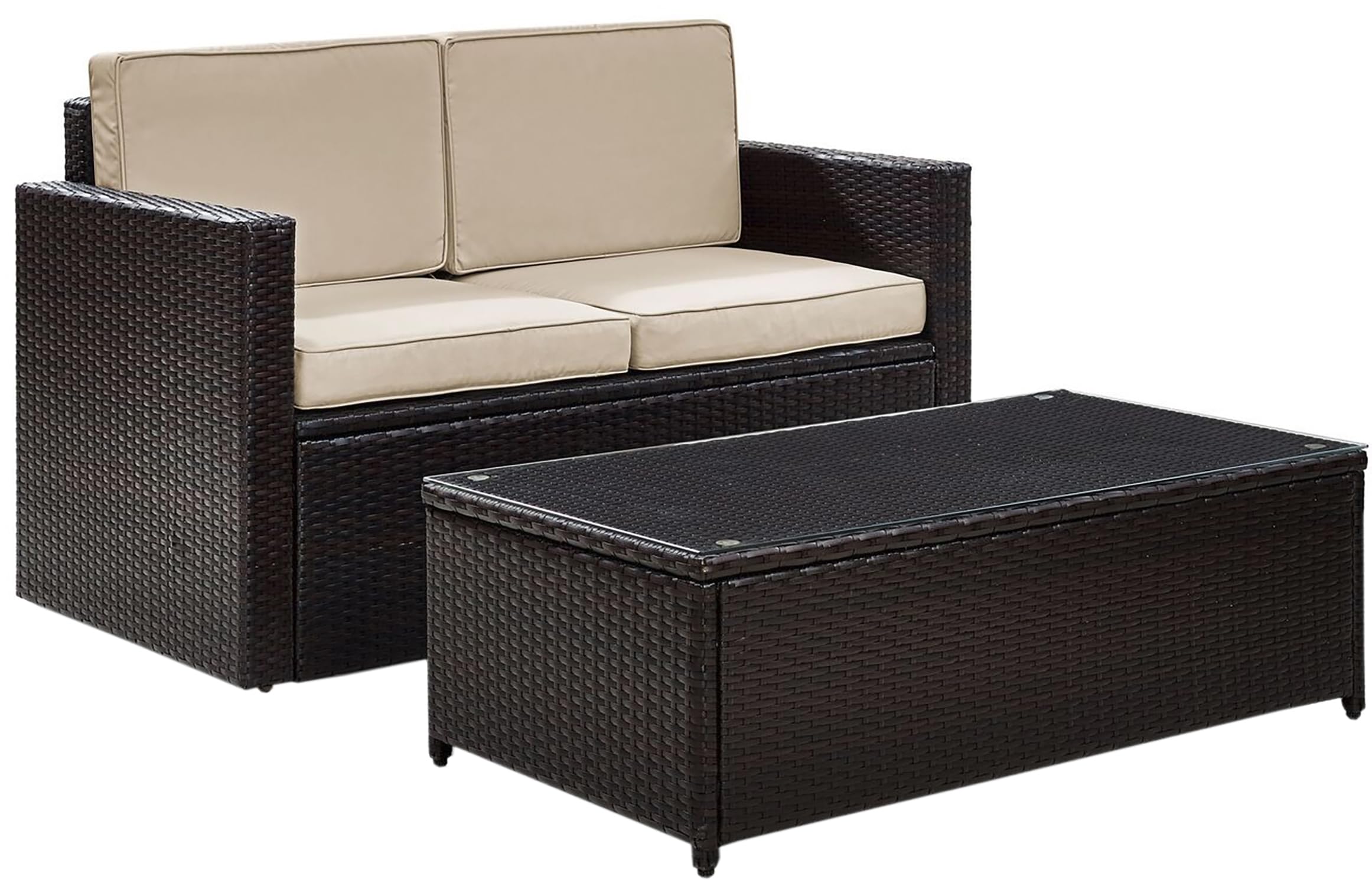 Crosley Furniture Palm Harbor 2-Piece Wicker Outdoor Coffee Table and Loveseat Patio Furniture Set for Porch, Brown with Sand Cushions