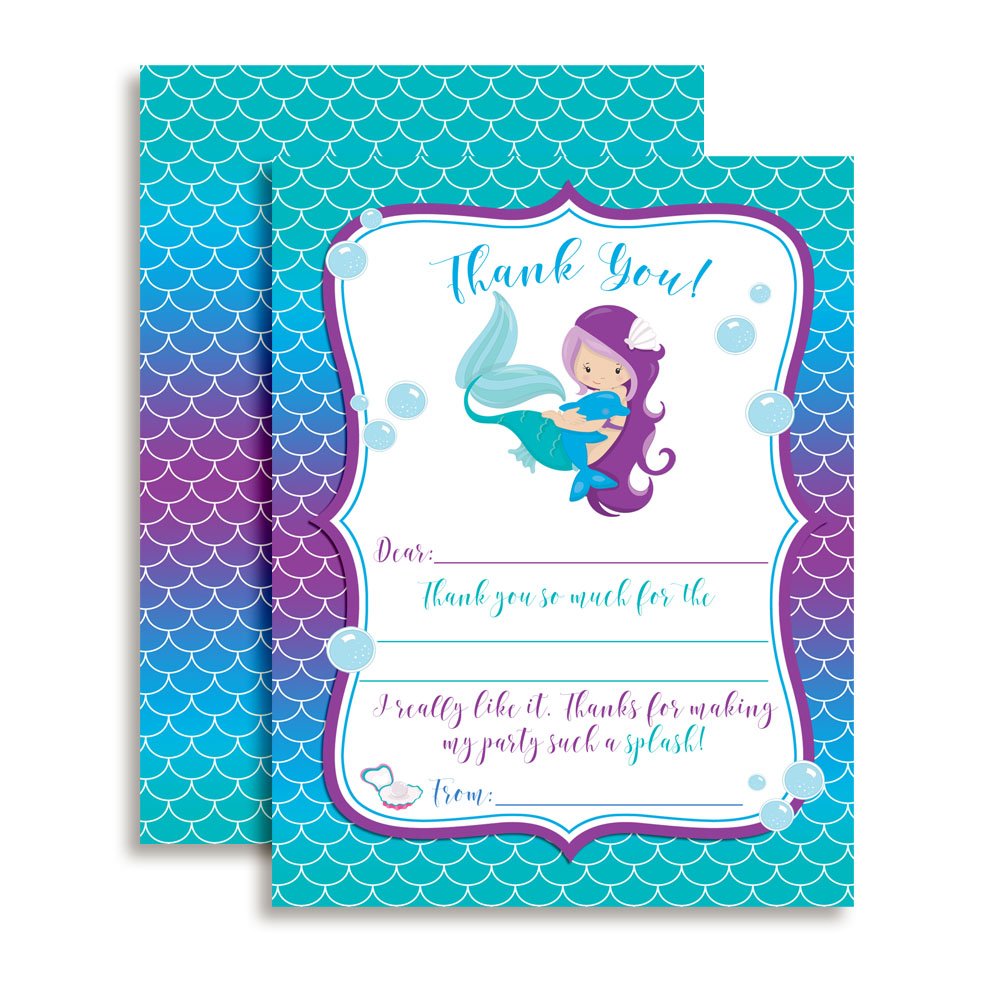 Magical Mermaid Thank You Notes for Kids, Ten 4" x 5.5" Fill In The Blank Cards with 10 White Envelopes by AmandaCreation