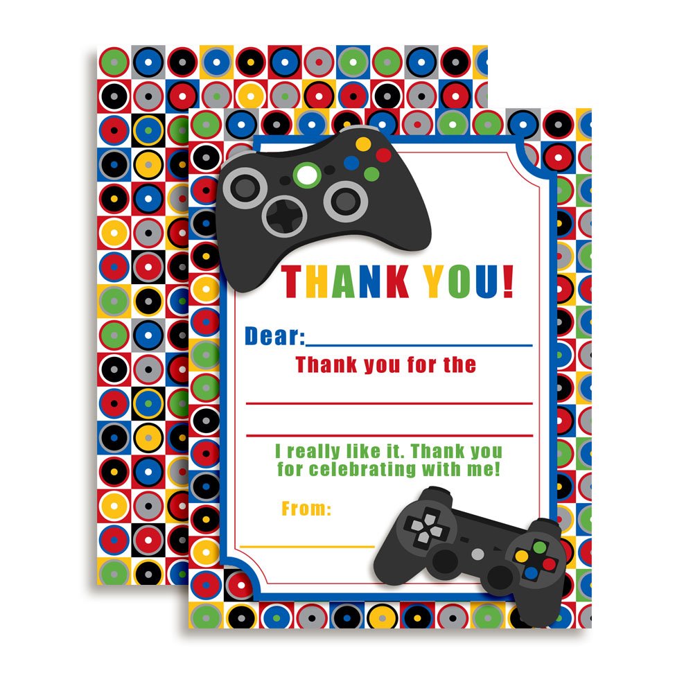 Game On Video Gamer Themed Thank You Notes for Kids, Ten 4" x 5.5" Fill in the Blank Cards with 10 White Envelopes by AmandaCreation