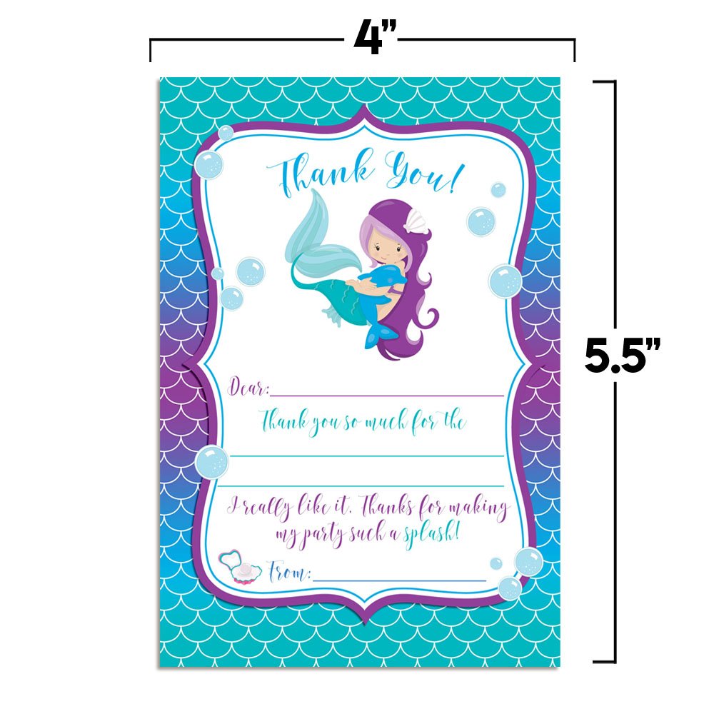 Magical Mermaid Thank You Notes for Kids, Ten 4" x 5.5" Fill In The Blank Cards with 10 White Envelopes by AmandaCreation