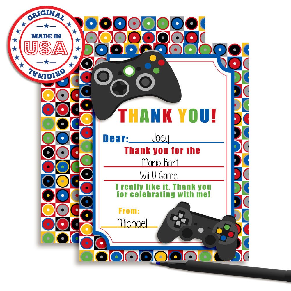 Game On Video Gamer Themed Thank You Notes for Kids, Ten 4" x 5.5" Fill in the Blank Cards with 10 White Envelopes by AmandaCreation