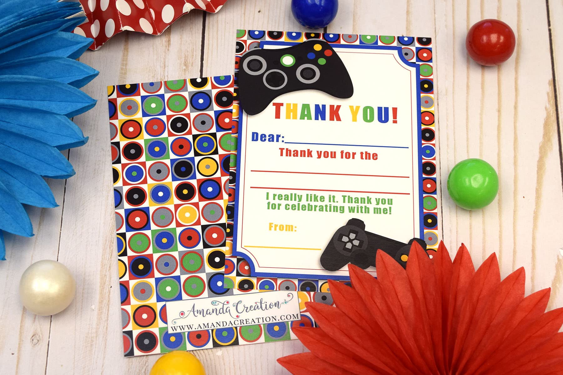 Game On Video Gamer Themed Thank You Notes for Kids, Ten 4" x 5.5" Fill in the Blank Cards with 10 White Envelopes by AmandaCreation