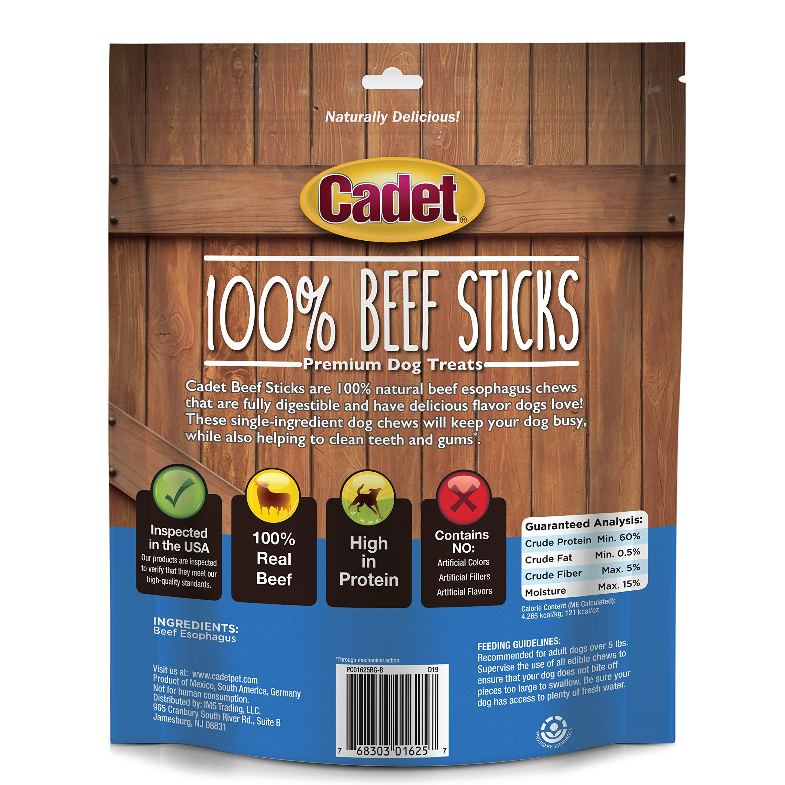 Cadet Beef Sticks Dog Treats - Long-Lasting, Healthy & Natural Beef Esophagus Treats for Small & Large Dogs, Low Calorie & High Protein Dog Chews (12 oz.)