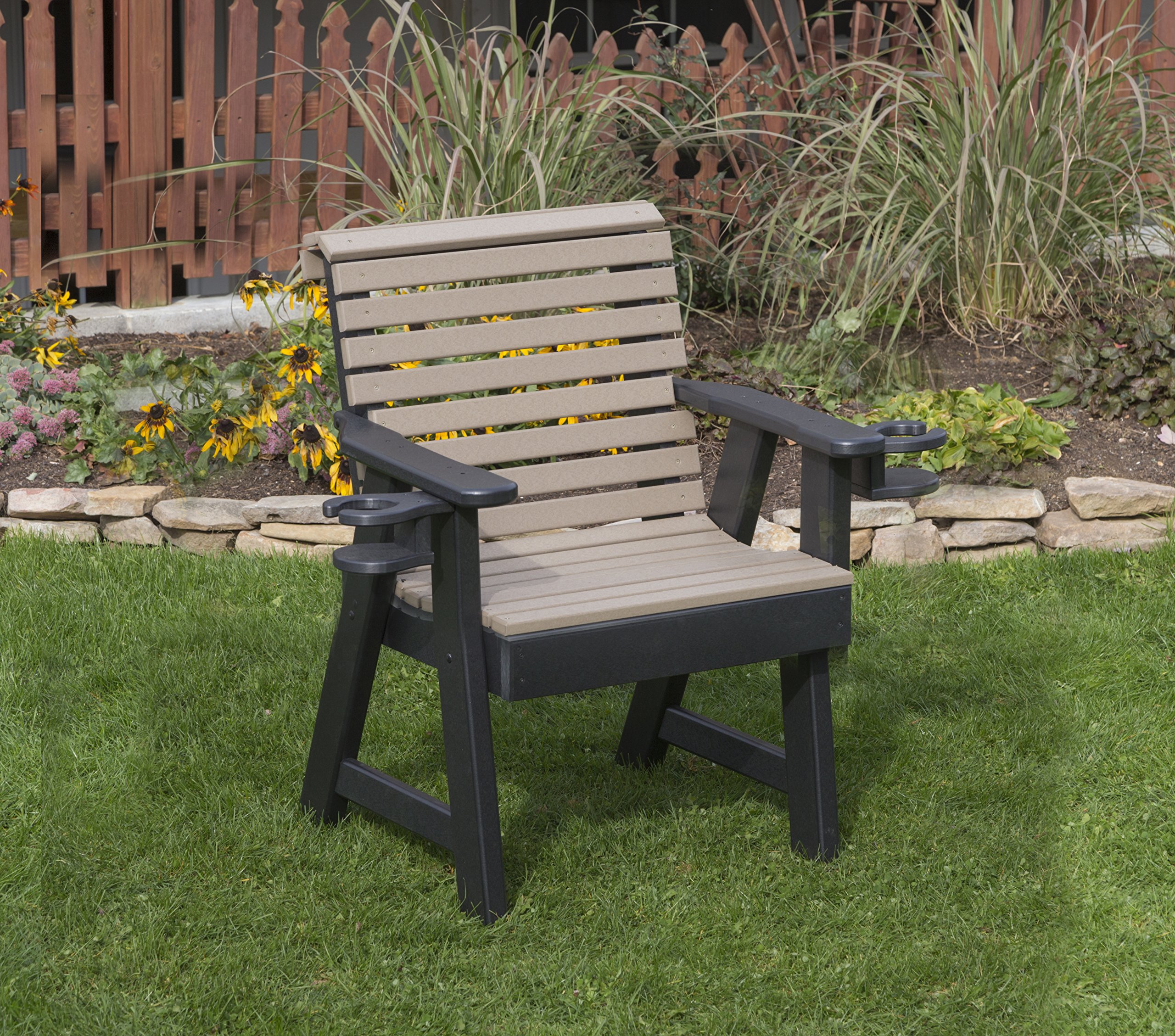 ECOMMERSIFY INC Weathered Wood-Poly Lumber ROLL Back Poly Resin 2 FEET Patio Garden Chair with Cupholder arms Heavy Duty Everlasting PolyTuf HDPE - Made in USA - Amish Crafted