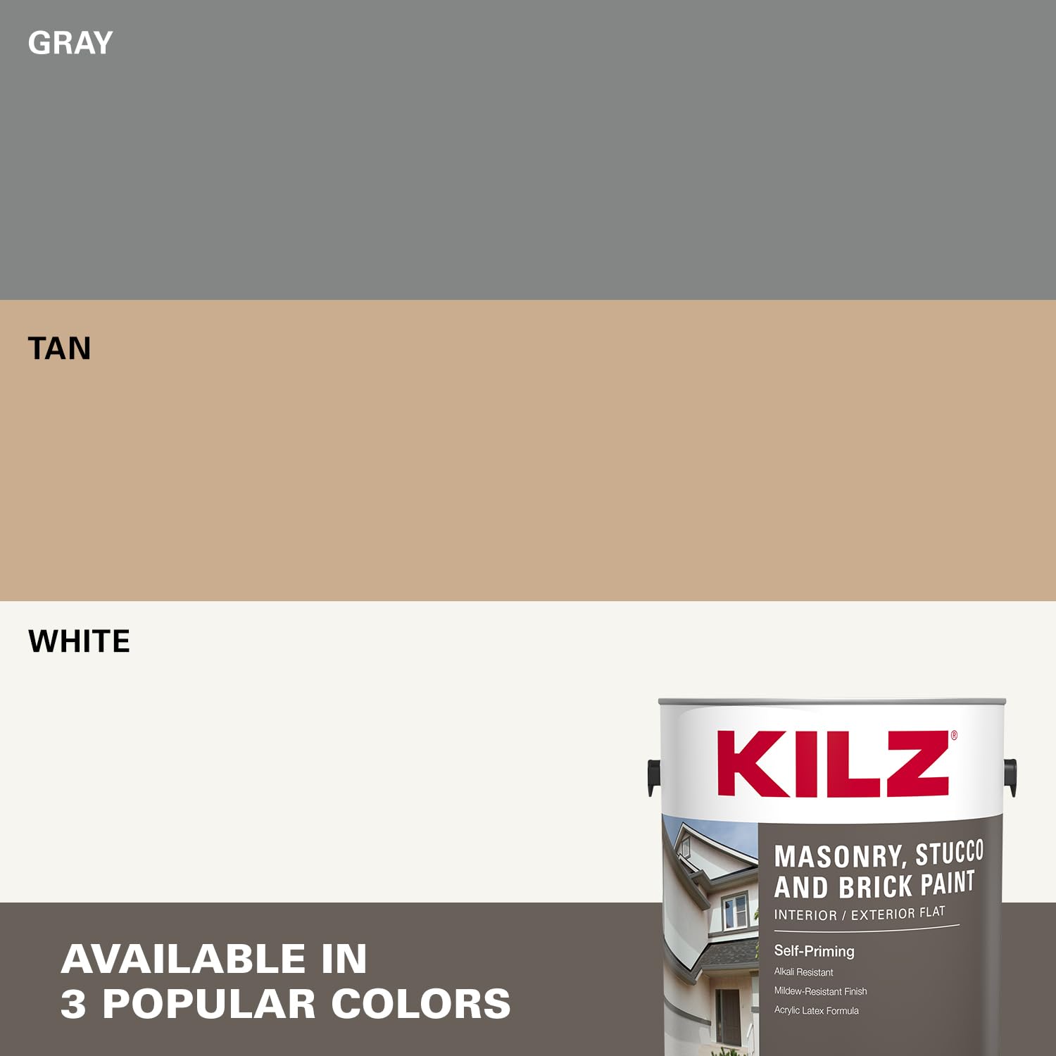 KILZ Self-Priming Masonry, Stucco and Brick Paint, Interior/Exterior, Flat, Gray, 1 Gallon