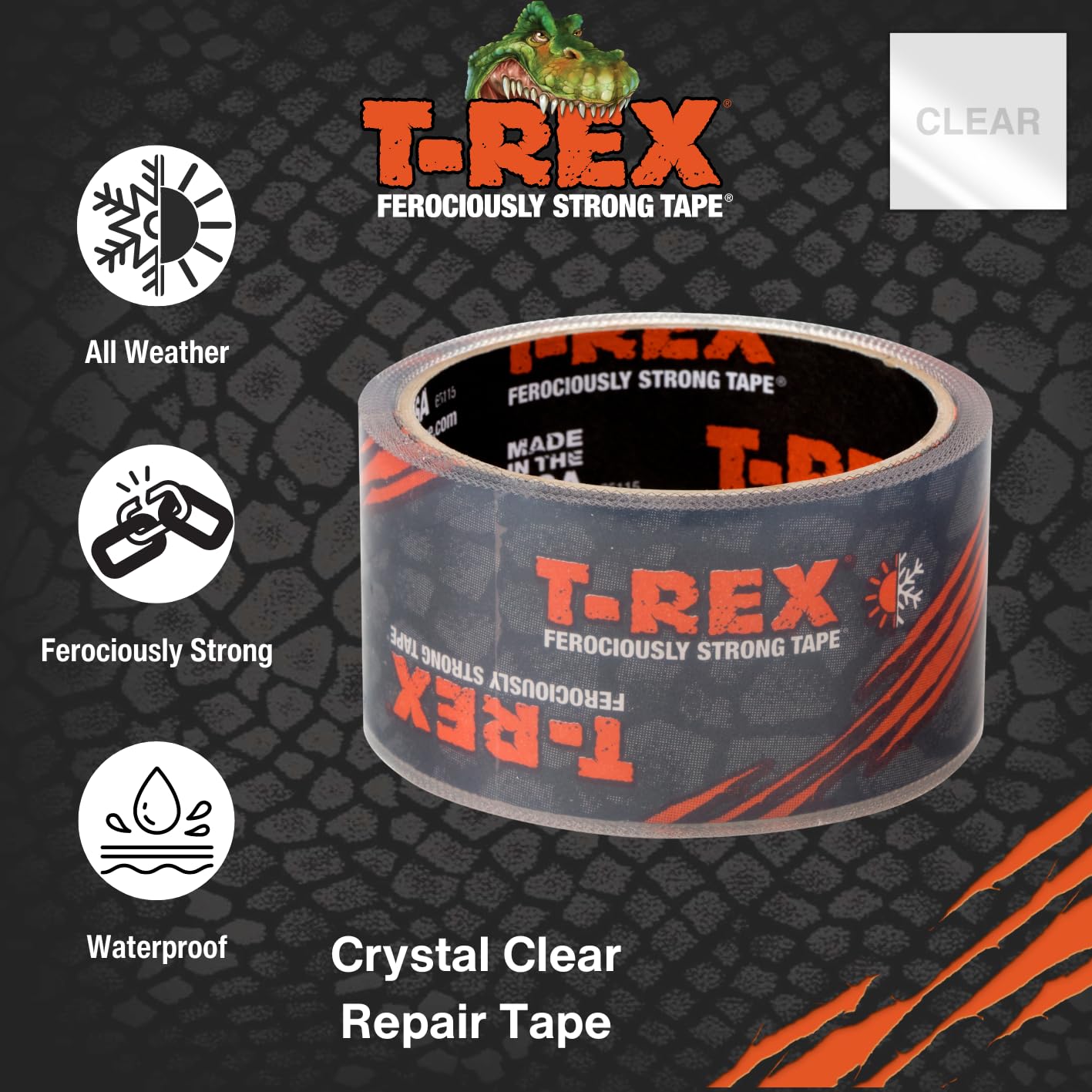 T-REX Ferociously Strong Repair Tape, Sticks to Wet Surfaces, All Weather and UV Resistant, 1.88" x 9 Yards, Clear, 1-Roll (241535)