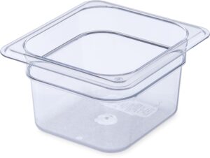 carlisle foodservice products storplus food pan, food storage container with spoonable corners for catering, buffets, restaurants, polycarbonate (pc), 1/6 size 4 inches deep, clear, (pack of 6)