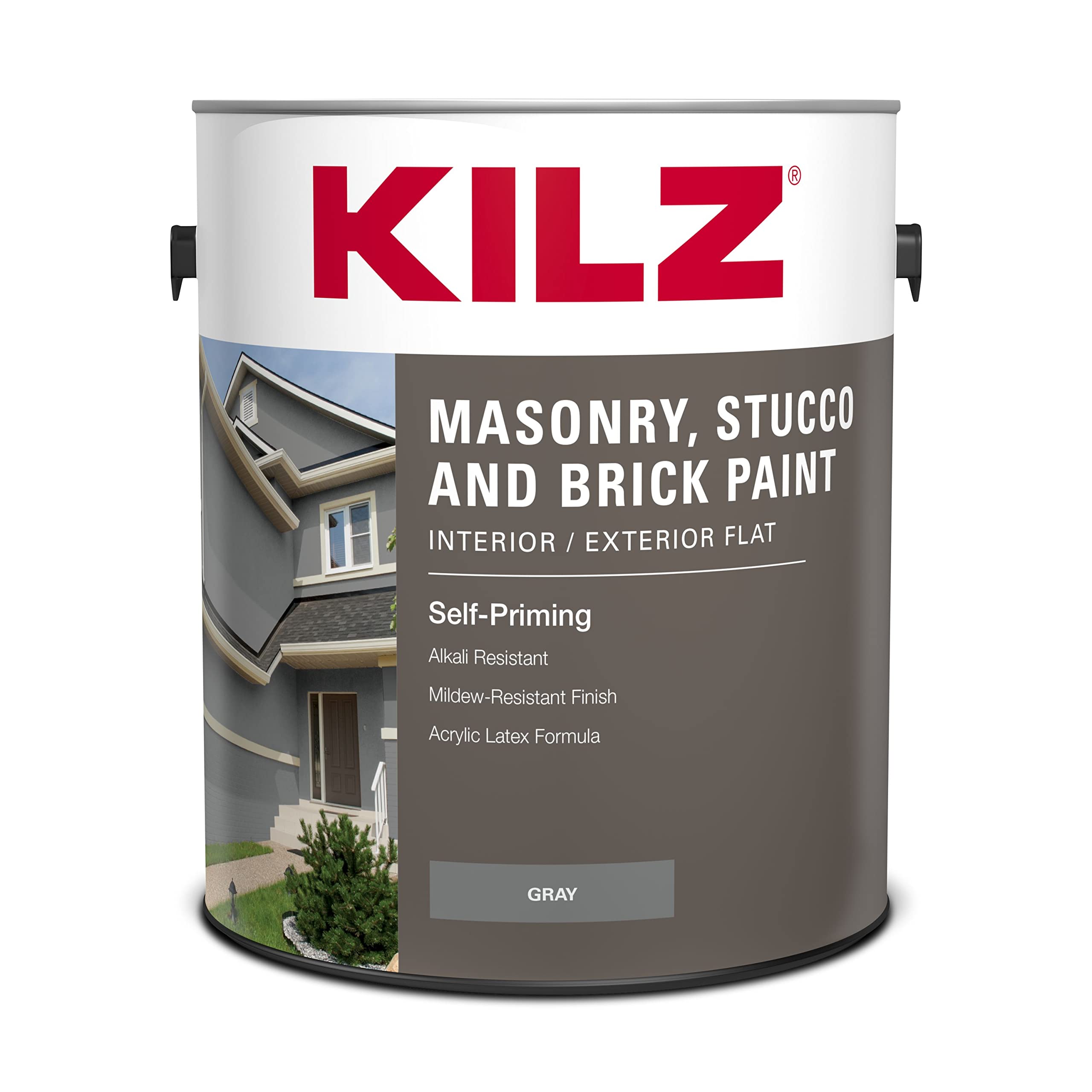 KILZ Self-Priming Masonry, Stucco and Brick Paint, Interior/Exterior, Flat, Gray, 1 Gallon