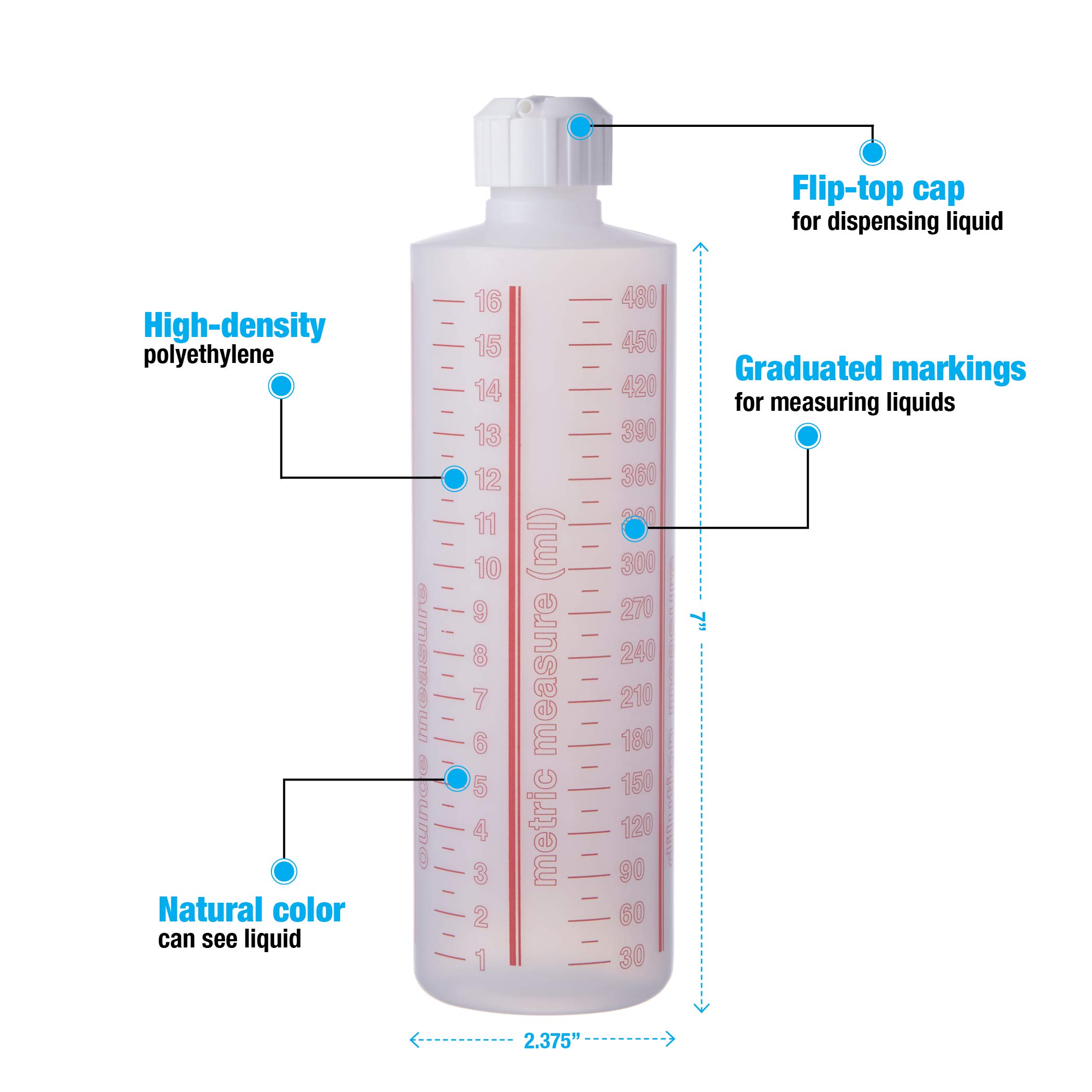 Consolidated Plastics Cylinder Measure Bottle with Cap, HDPE, Natural, 16oz, 12 Piece