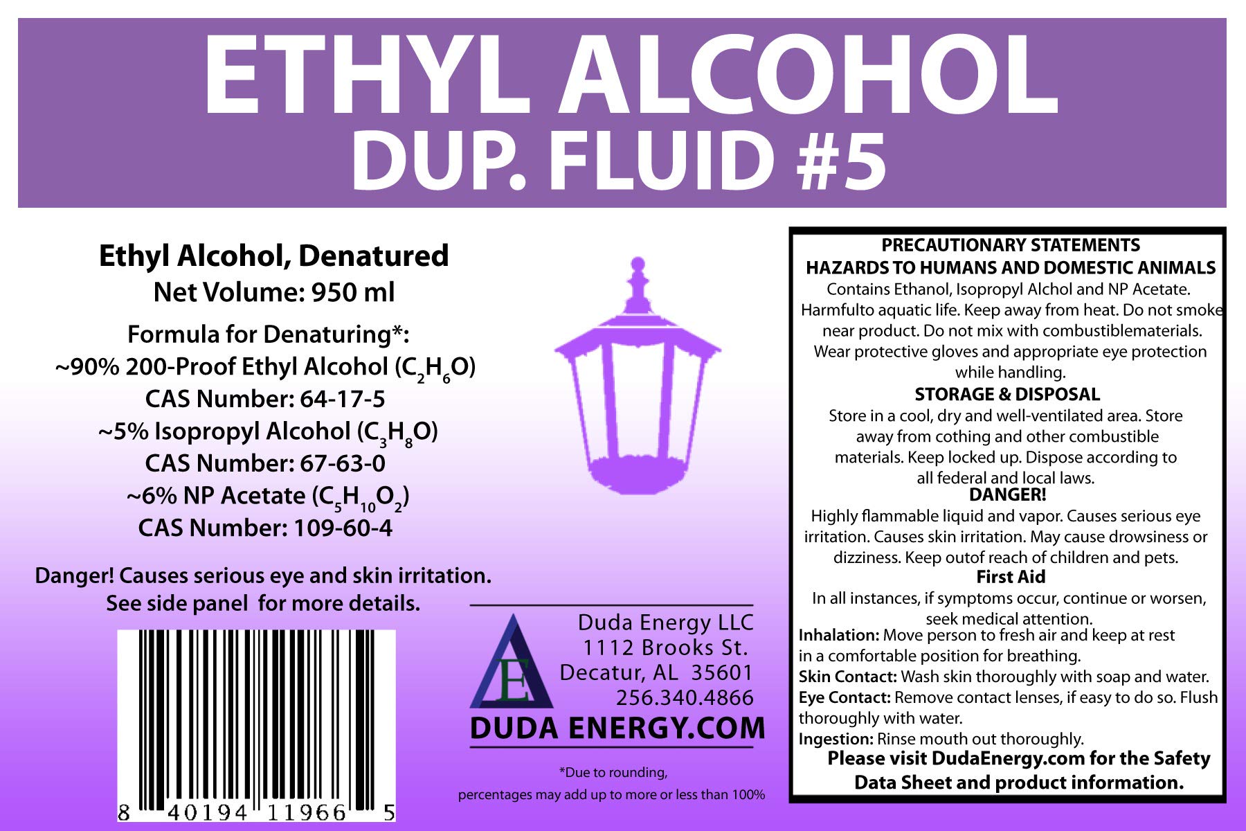 Duda Energy eth950 950 mL bottle of Denatured Ethanol with 200-Proof Ethyl Alcohol IPA and NP Acetate (Packaging may vary)