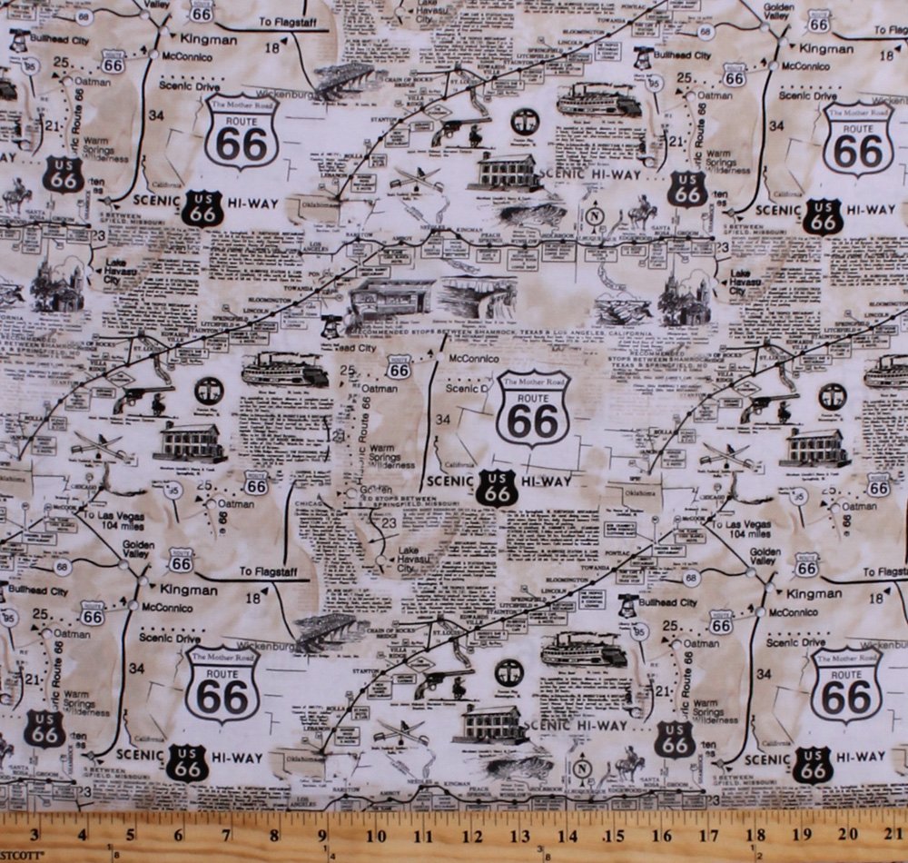 Cotton Vintage Route 66 Map Newspaper Print Road Signs Roads Road Trip Travel Cotton Fabric Print by The Yard (C7529)