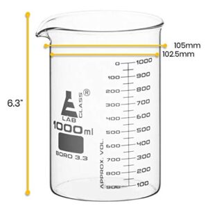 EISCO Beaker, 1000ml - ASTM - Low Form with Spout - Dual Scale, White Graduations - Borosilicate 3.3 Glass