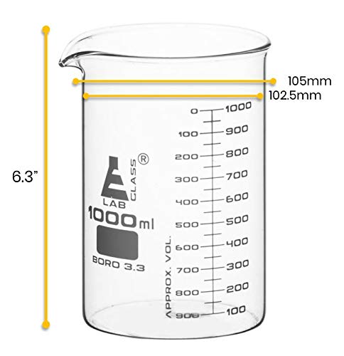 EISCO Beaker, 1000ml - ASTM - Low Form with Spout - Dual Scale, White Graduations - Borosilicate 3.3 Glass