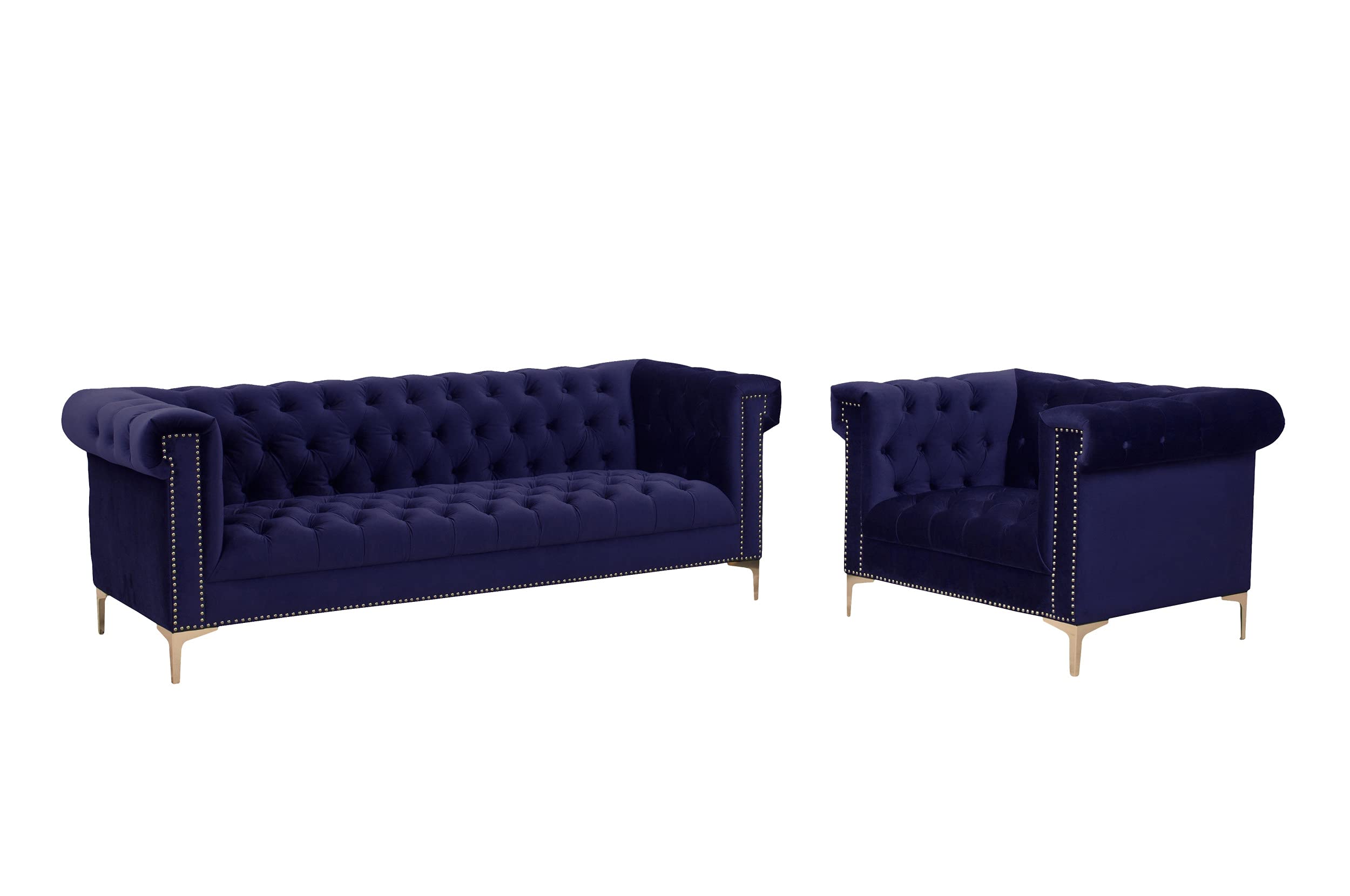 Iconic Home Gold/Navy Bea Velvet with Nail head Trim Tone Metal Sofa