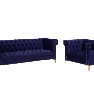 Iconic Home Gold/Navy Bea Velvet with Nail head Trim Tone Metal Sofa