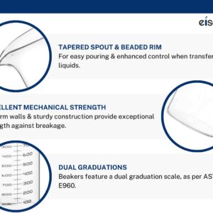 EISCO Beaker, 1000ml - ASTM - Low Form with Spout - Dual Scale, White Graduations - Borosilicate 3.3 Glass