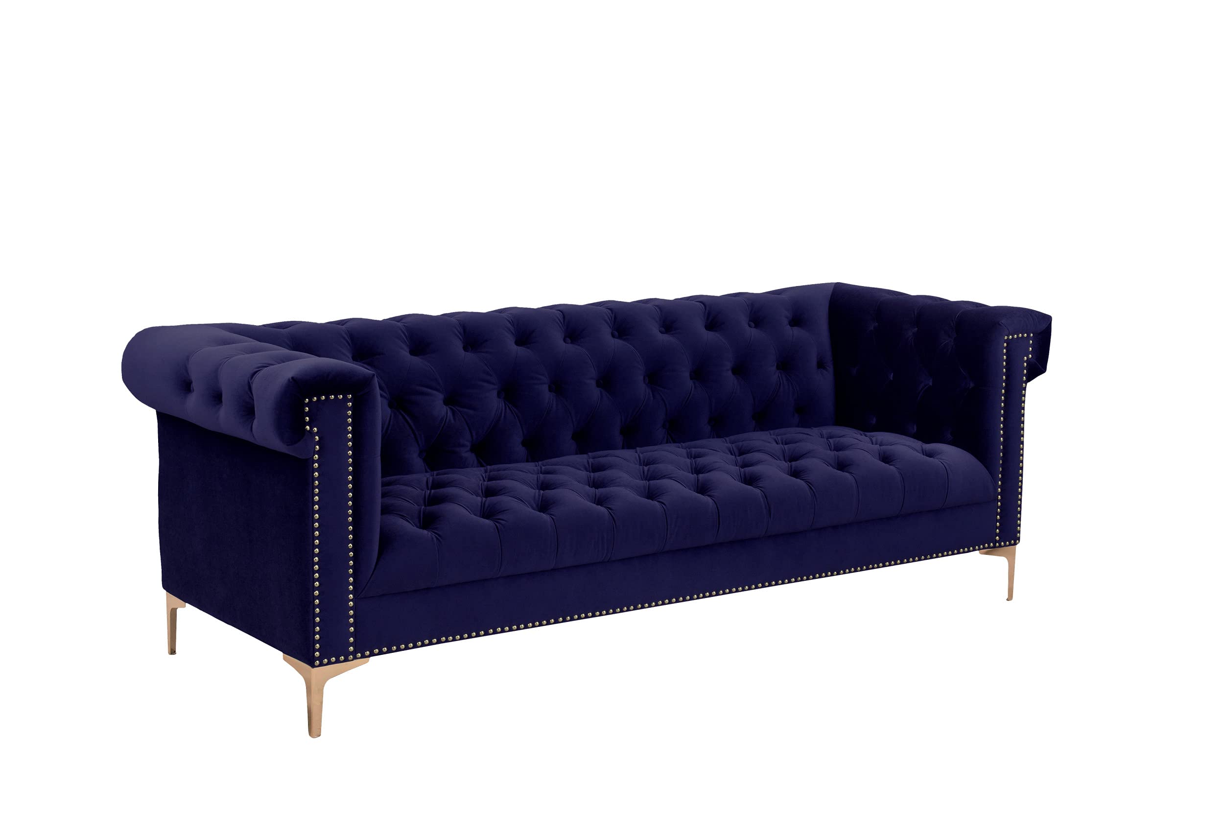 Iconic Home Gold/Navy Bea Velvet with Nail head Trim Tone Metal Sofa