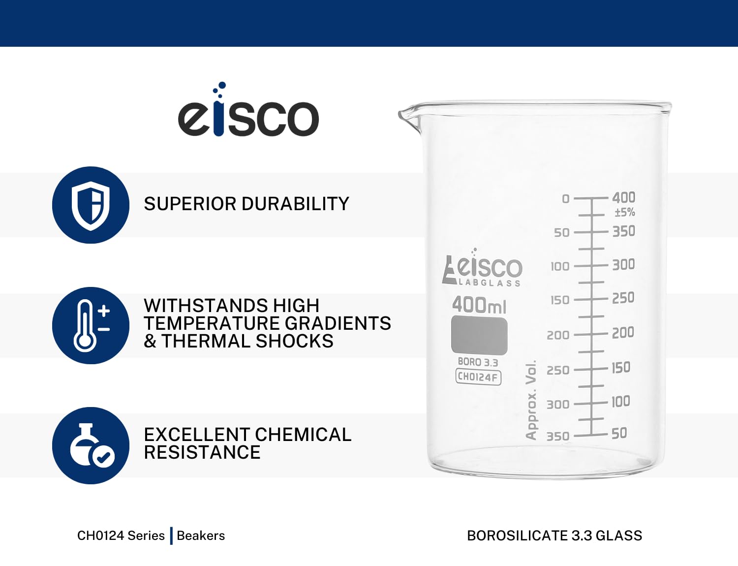 EISCO Beaker, 1000ml - ASTM - Low Form with Spout - Dual Scale, White Graduations - Borosilicate 3.3 Glass