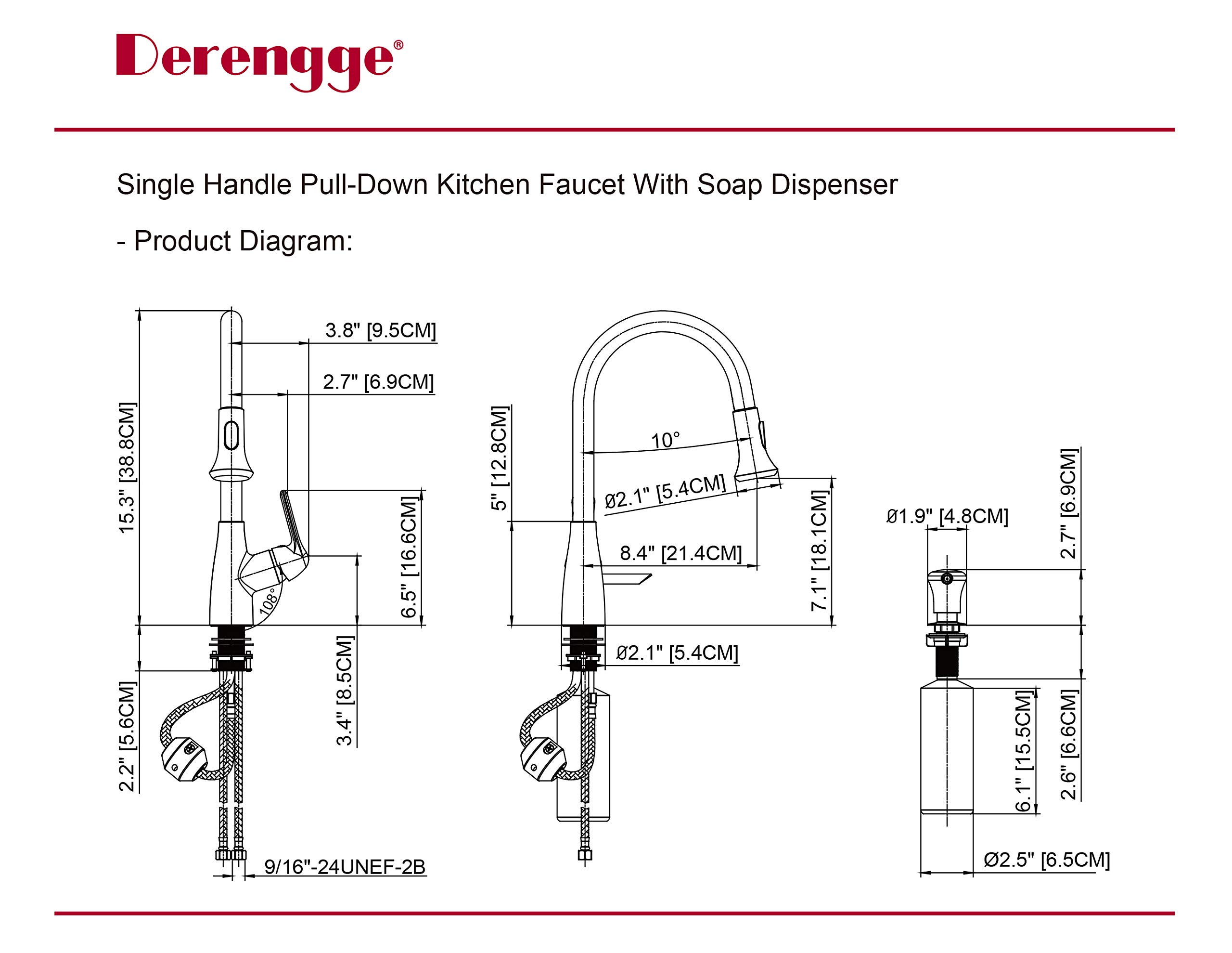 Derengge Stainless Steel Kitchen Faucet Single Handle Pull-Down Kitchen Sink Faucet with Soap Dispenser,Faucet for Farmhouse, Camper, Laundry, Rv, Bar,2 Hole Installation,KF-058S-SS