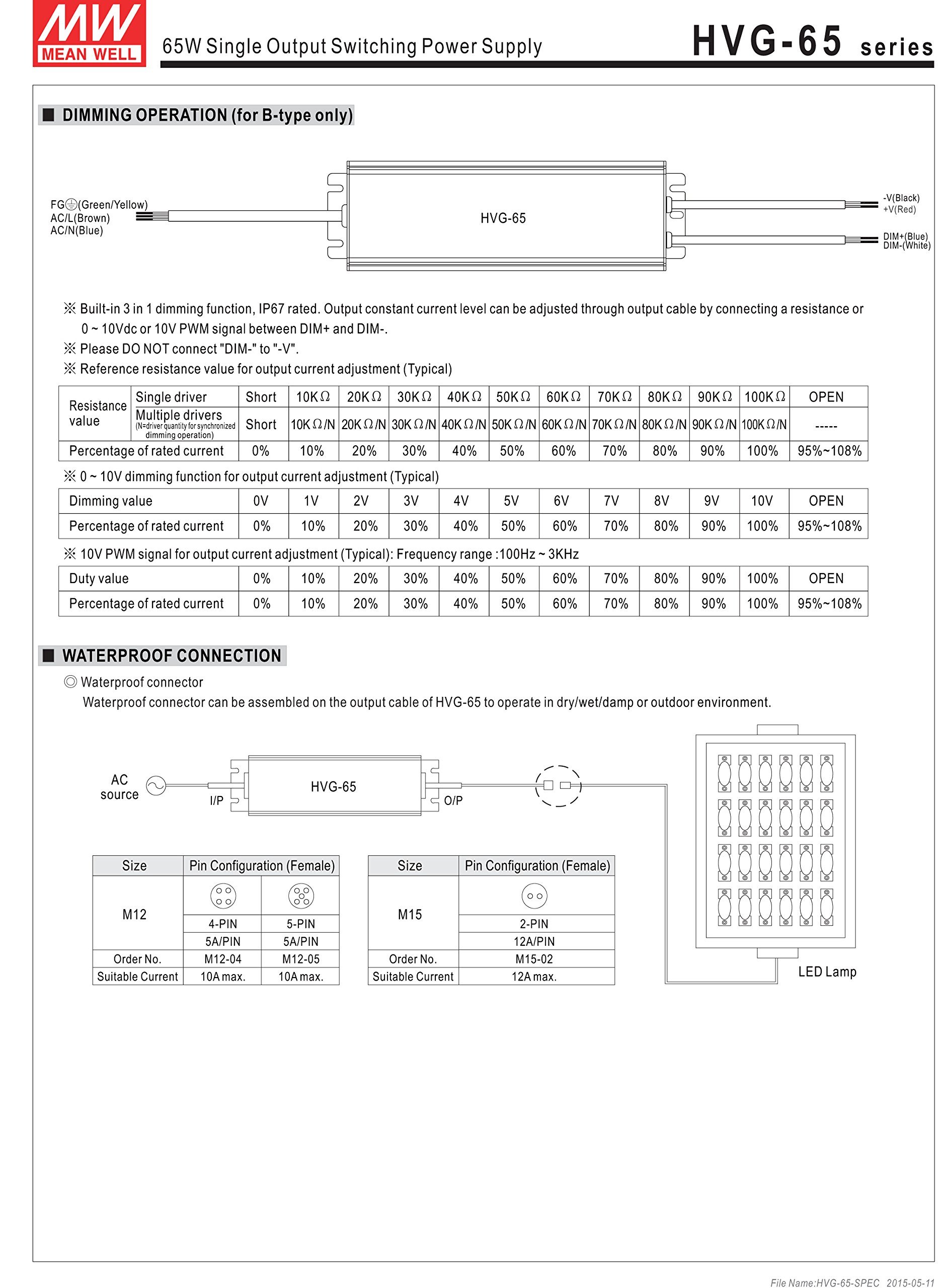 MEAN WELL HVG-65-12A 65 W Single Output 2.71 A 12 Vdc Output Max IP67 Swithcing Power Supply - 1 item(s)