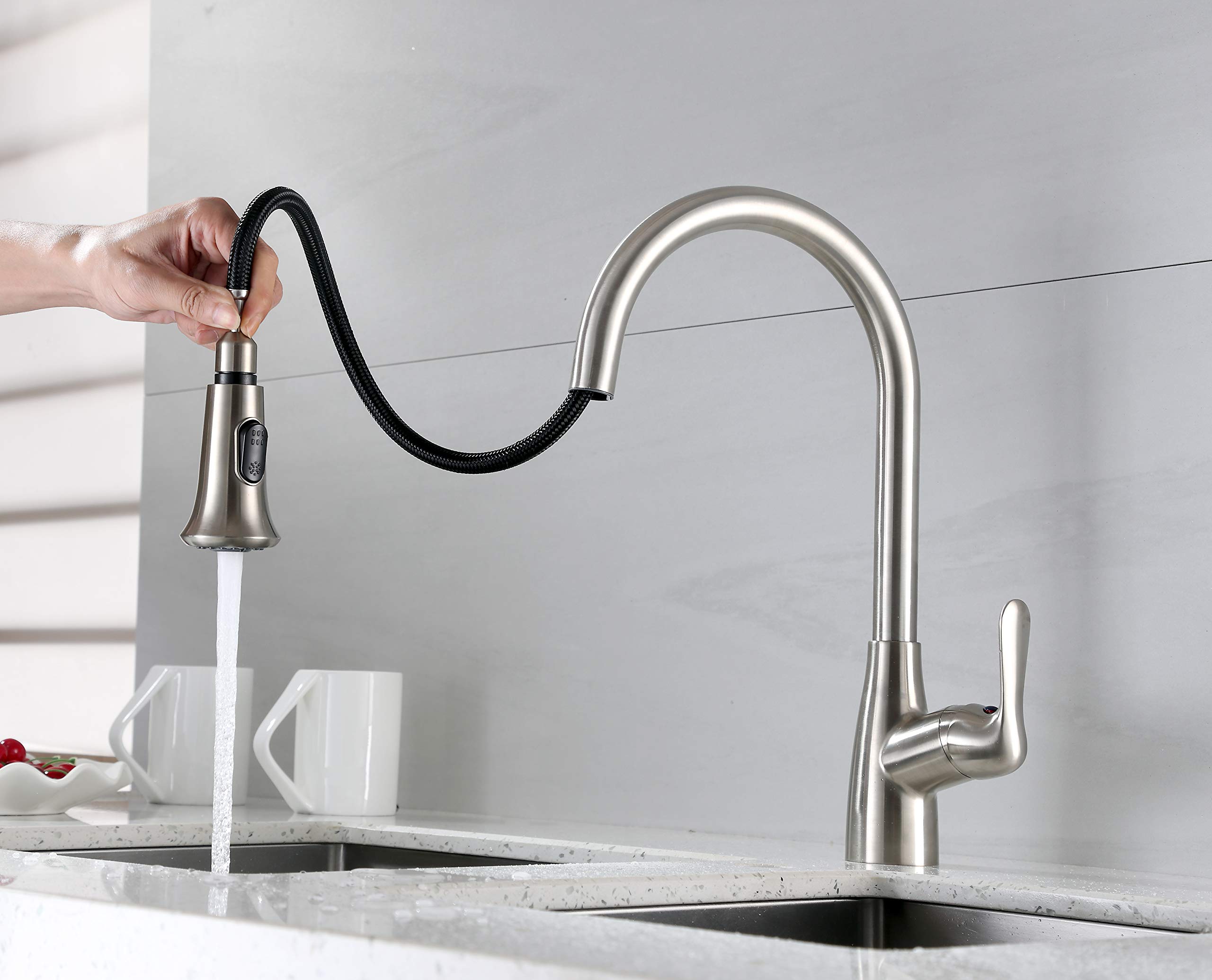 Derengge Stainless Steel Kitchen Faucet Single Handle Pull-Down Kitchen Sink Faucet with Soap Dispenser,Faucet for Farmhouse, Camper, Laundry, Rv, Bar,2 Hole Installation,KF-058S-SS