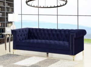 iconic home gold/navy bea velvet with nail head trim tone metal sofa