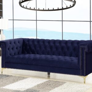 Iconic Home Gold/Navy Bea Velvet with Nail head Trim Tone Metal Sofa