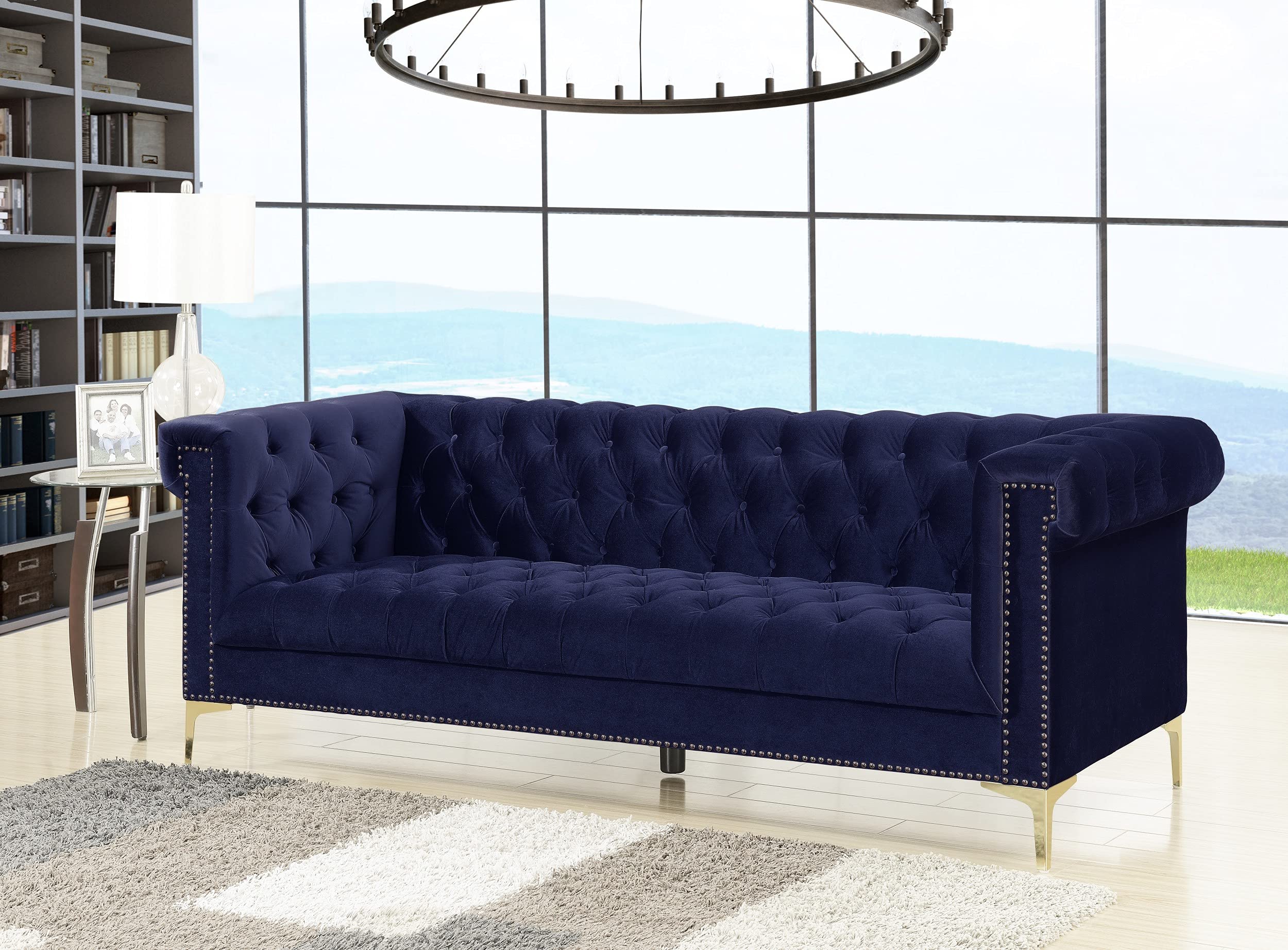 Iconic Home Gold/Navy Bea Velvet with Nail head Trim Tone Metal Sofa