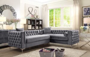 iconic home mozart elegant velvet modern deeply tufted with silver nailhead trim chrome legs right facing sectional sofa, grey