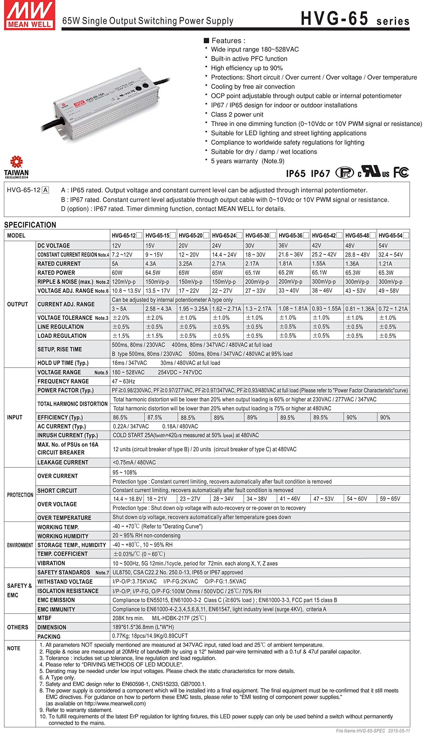 MEAN WELL HVG-65-12A 65 W Single Output 2.71 A 12 Vdc Output Max IP67 Swithcing Power Supply - 1 item(s)