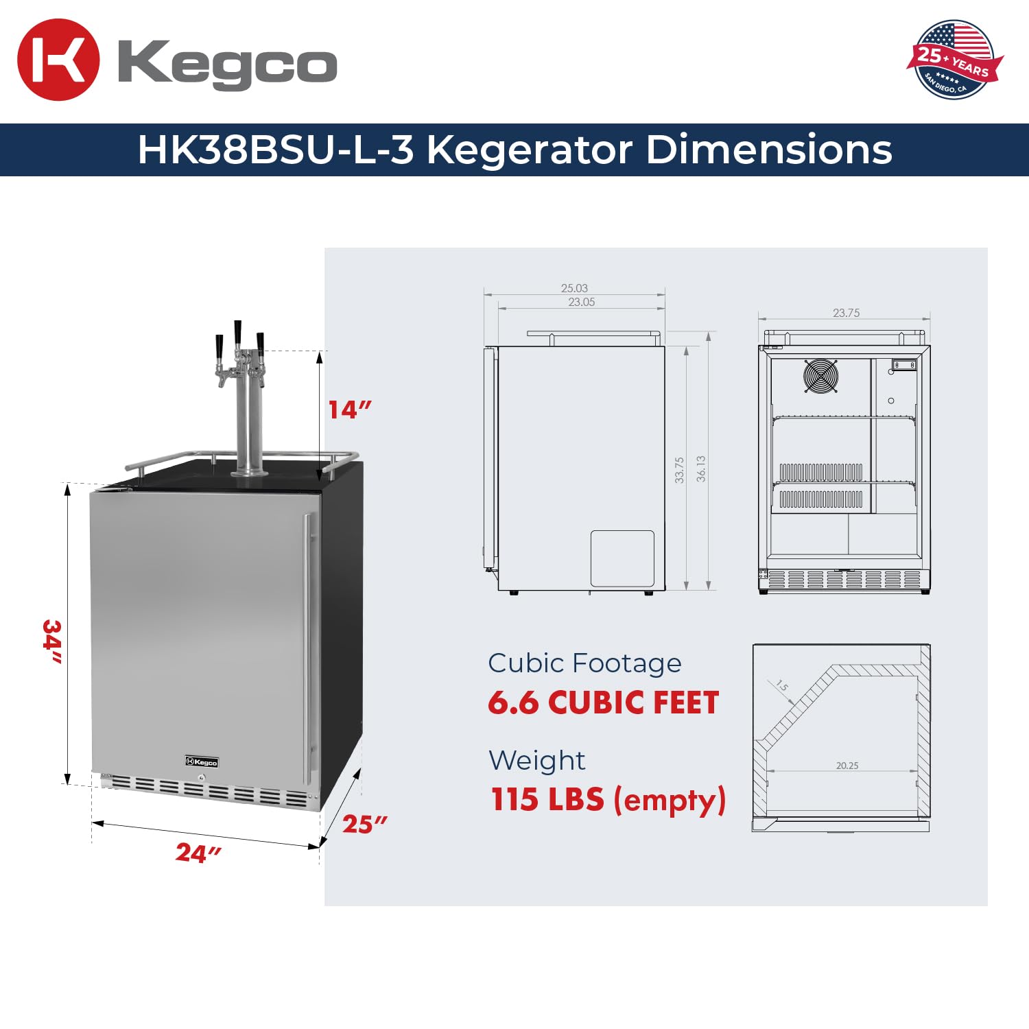 Kegco Kegerator 24" Wide Triple Tap Black/Stainless Steel Undercounter Beer Dispenser HK38BSU-L-3