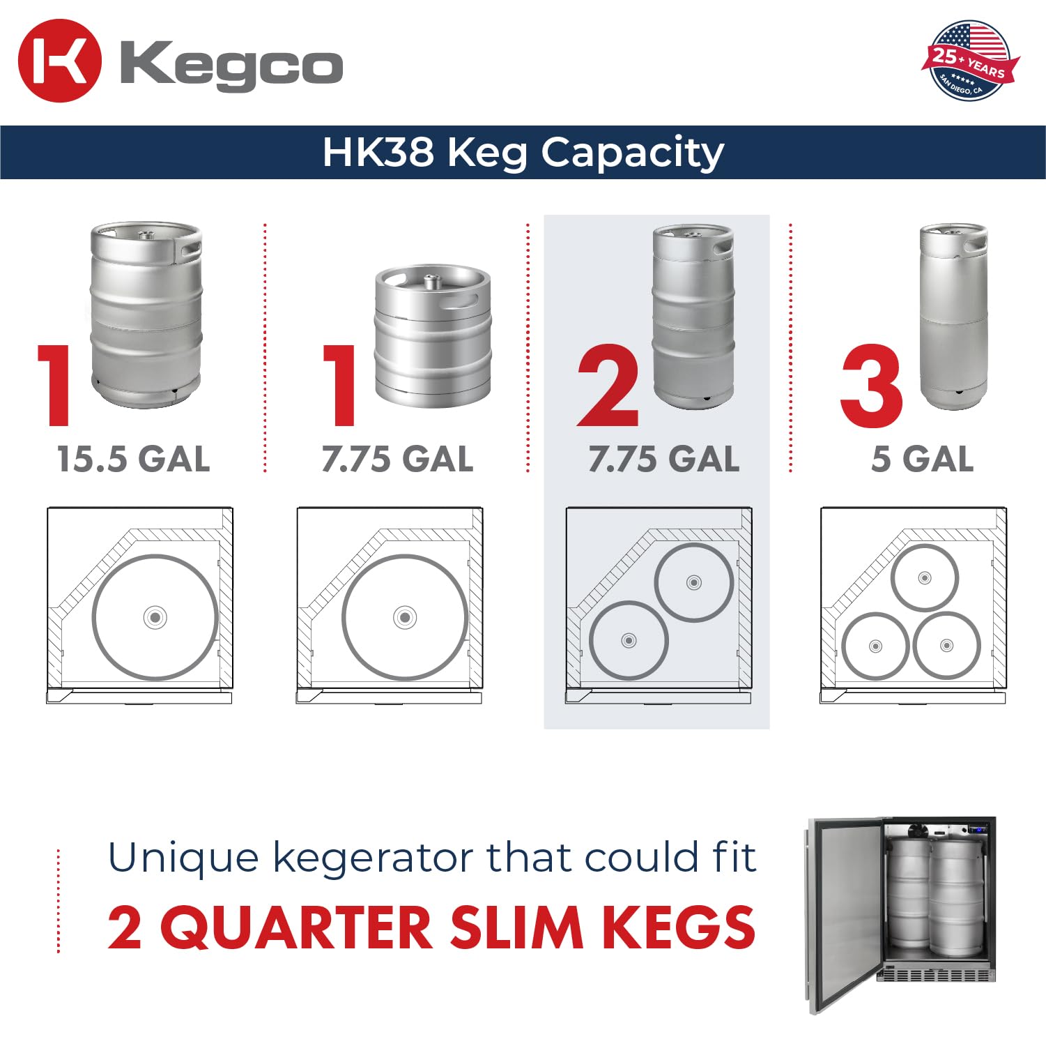 Kegco Kegerator 24" Wide Triple Tap Black/Stainless Steel Undercounter Beer Dispenser HK38BSU-L-3