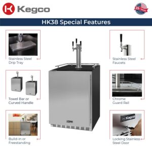 Kegco Kegerator 24" Wide Triple Tap Black/Stainless Steel Undercounter Beer Dispenser HK38BSU-L-3